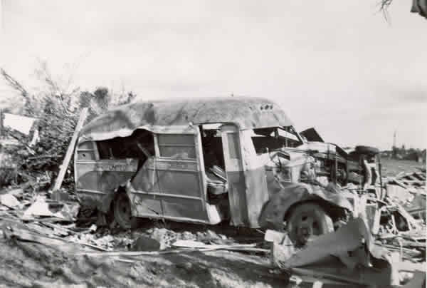 Destroyed school bus.