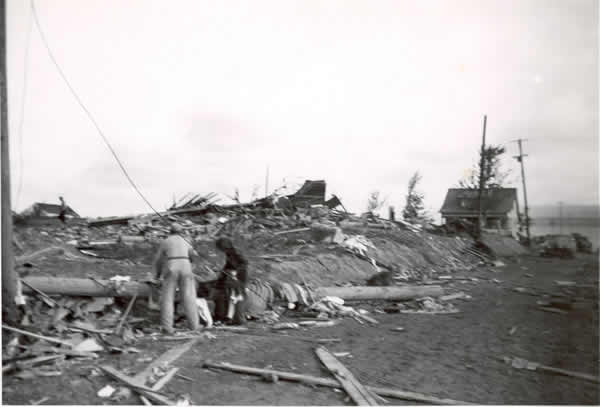 Debris field and broken telephone poles. 
