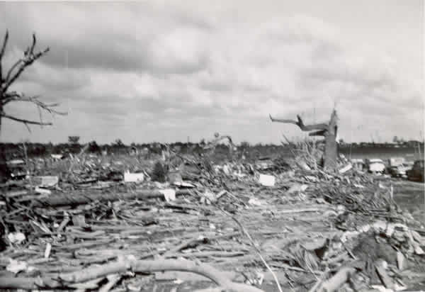 Field of wreckage, debris, and broken trees.