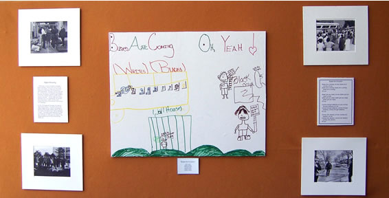 Bulletin board of children's drawings. 
