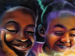 A close up of the Flint Public Library mural showing two children smiling