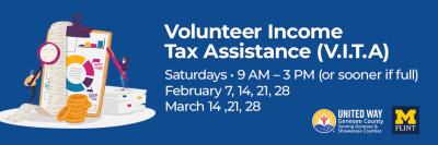 Drawing of receipts & money with text: Volunteer Income Tax Assistance (V.I.T.A.) Saturdays, 9am - 3pm (or sooner if full) February 7, 14, 21, 28, March 14, 21, 28
