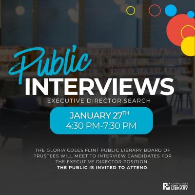 Dark background with text: Public Interviews Executive Director Search, January 27th, 4:30-7:30pm, The Public Is Invited to Attend