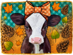 A drawing of a cow wearing a bow, surrounded by fall themes