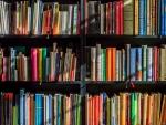 A shelf of books of various colors 