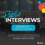 Dark background with text: Public Interviews Executive Director Search, January 27th, 4:30-7:30pm, The Public Is Invited to Attend
