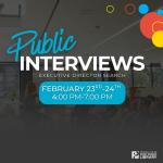 Greyed photo of crowd with text: Public Interviews, Executive Director Search, February 23rd - 24th, 4:00pm - 7:00pm