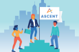 The Ascent logo placed on a white flag and staked at the top of stairs. Three feminine people are on the stairs with the flag.