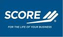 The word "SCORE" in all caps in a white font against a blue background. The bottom of the graphic says "For the life of your business."