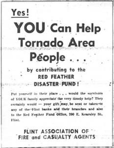 Newspaper clipping that reads "Yes! You can help tornado area people!"