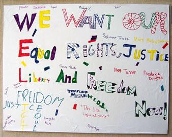 Children's drawing that reads We want our equal rights, justice, liberty, and freedom NOW!
