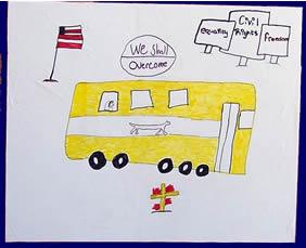 Child's drawing of a yellow school bus and Civil Rights protestors. 