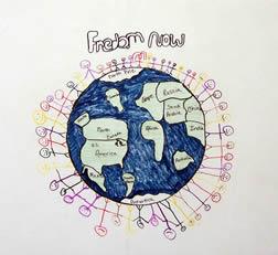 Child's drawing of the world titled Freedom Now