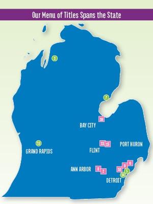 A map of Michigan showing locations for the Booked for lunch program
