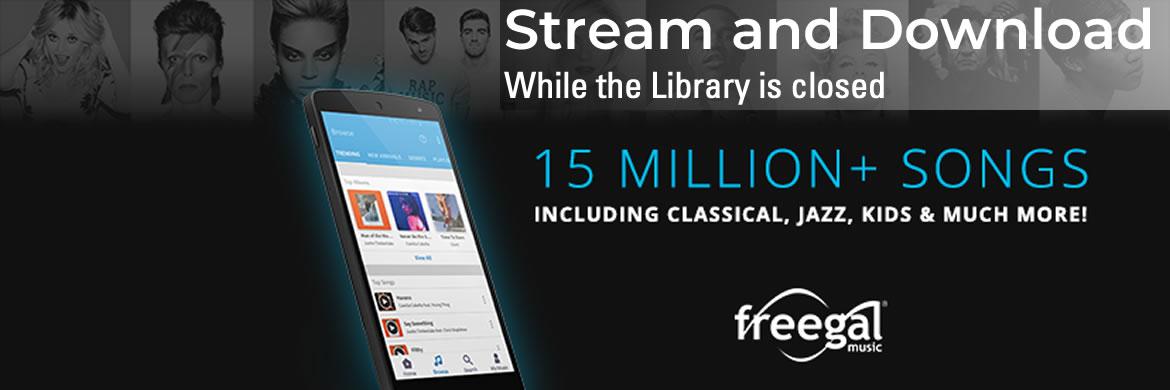 An image of a cell phone advertising Freegal's 15 Million + songs in their song library