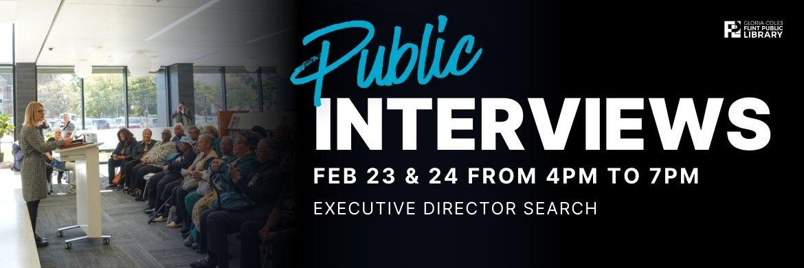 Photo of Ann Manko addressing crowd with text: Public Interview, Feb 23 & 24 from 4pm to 7pm, Executive Director Search