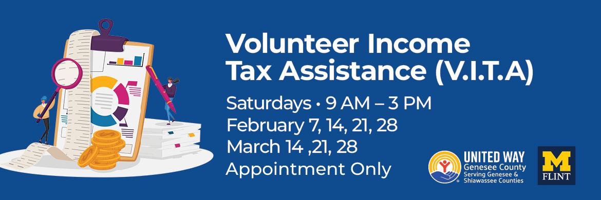 Graphic of tax preparation with text: Volunteer Income Tax Assistance, Saturdays 9 AM - 3 PM, February 7, 14, 21, 28 March 14, 21, 28 Appointment Only